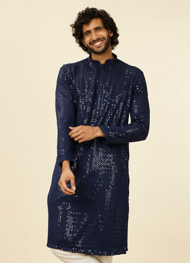 alt message - Manyavar Men Dark Blue Chikankari Kurta Set image number 0